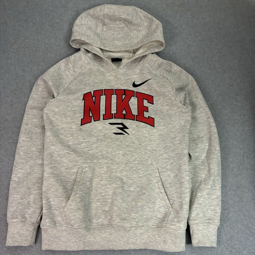 Nike 3Brand Kids Hoodie Large Gray Red Pullover Sweatshirt Youth 12-13